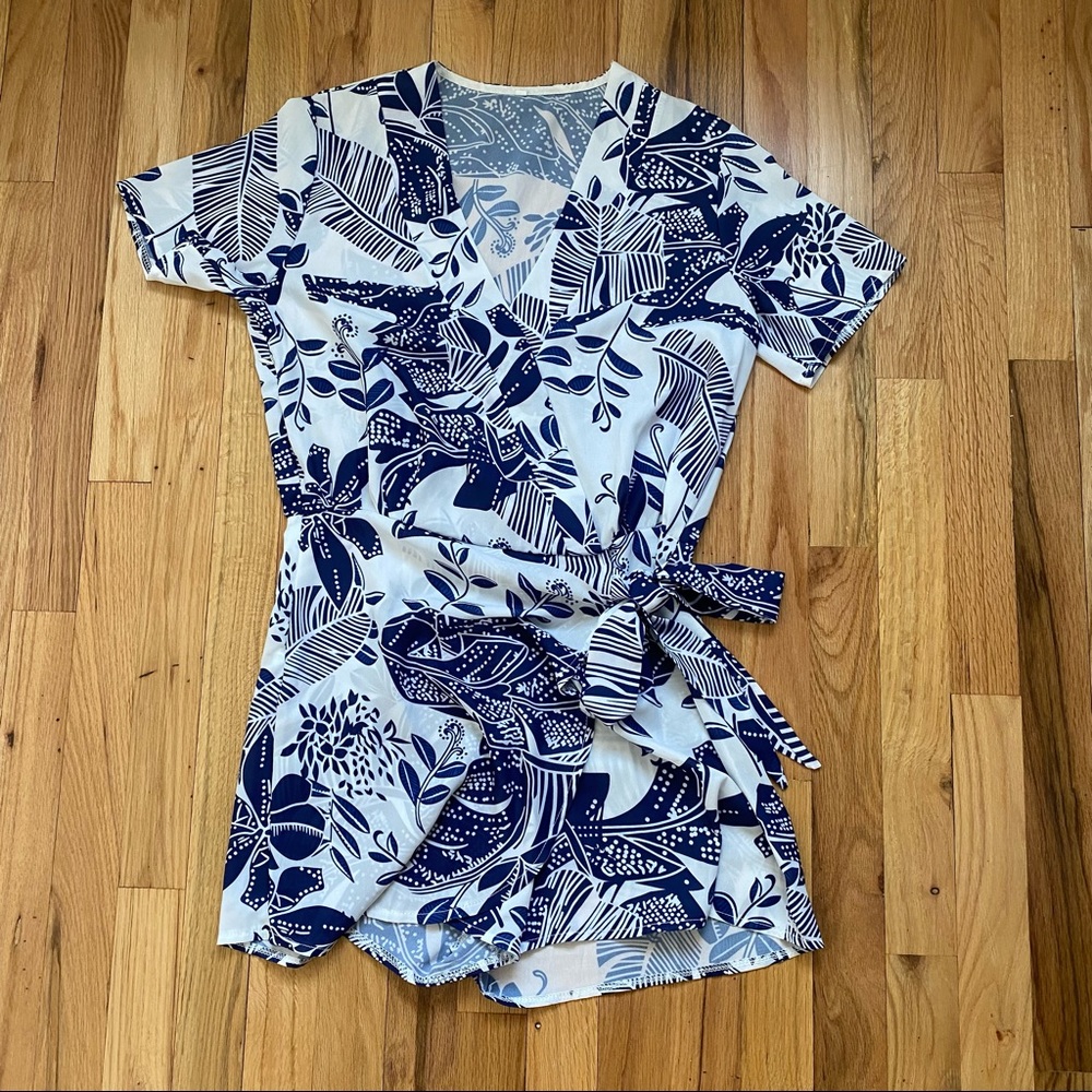 White/Navy Blue Short Sleeve Skirt/Romper